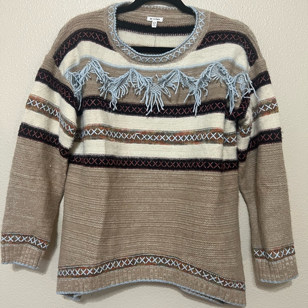 En Creme Tan Multicolor Striped Sweater with Fringe